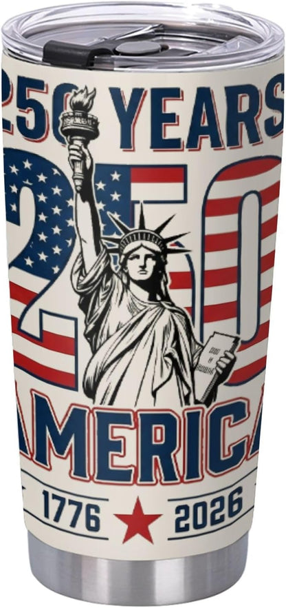 250th Anniversary patriotic 20oz insulated tumbler with lid featuring vintage eagle 1776-2026 freedom celebration design
