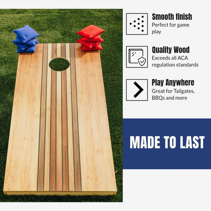 Tailgating Pros regulation cornhole boards with patriotic eagle flag design, 8 bean bags and carrying cases on green grass