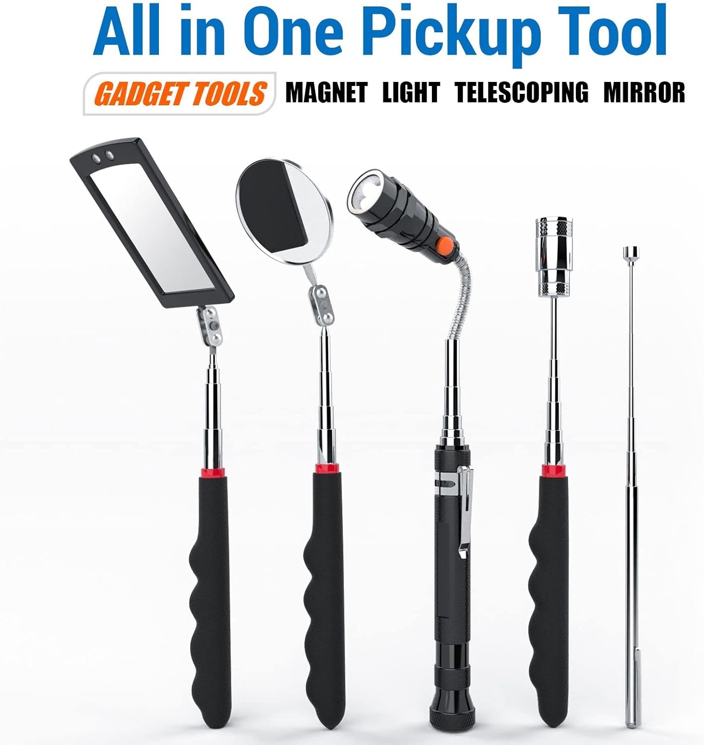 telescoping magnetic pick up tool set with 1lb and 15lb pickup rod 360 swivel inspection mirror and flexible LED flashlight gift for men