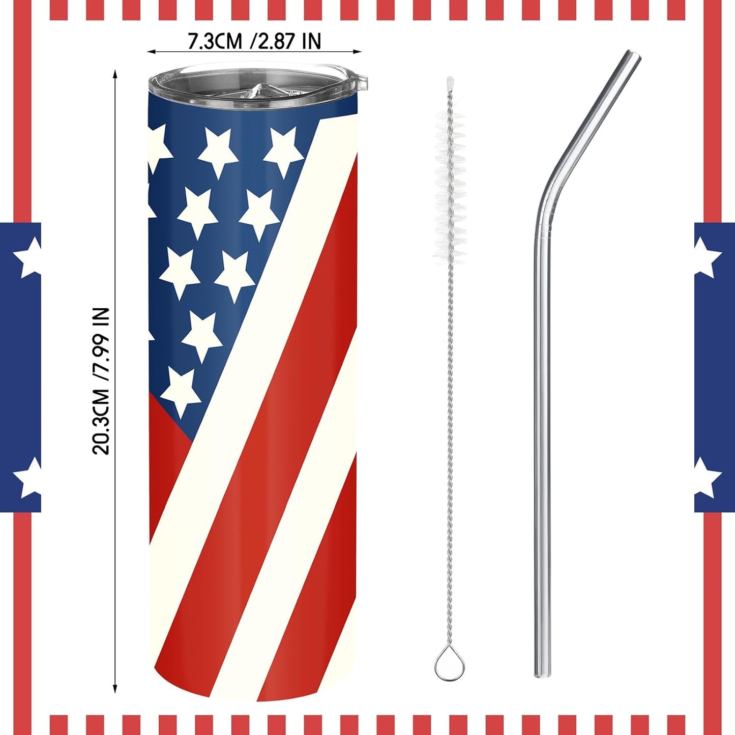 4 pack of 20oz American flag stainless steel insulated tumblers with lid straw and brush displayed as patriotic gifts for veterans and Father's Day