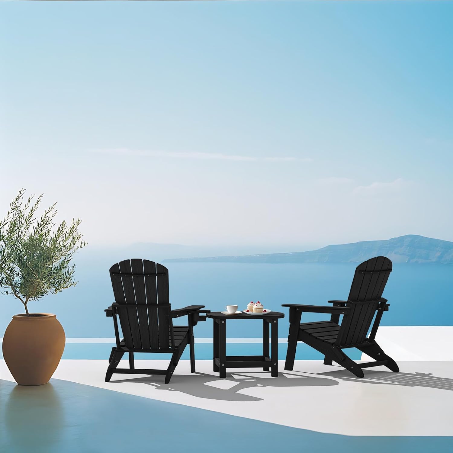 Plawdlik folding Adirondack chair set of 4 in black HDPE with wood texture finish and cup holders arranged on backyard patio