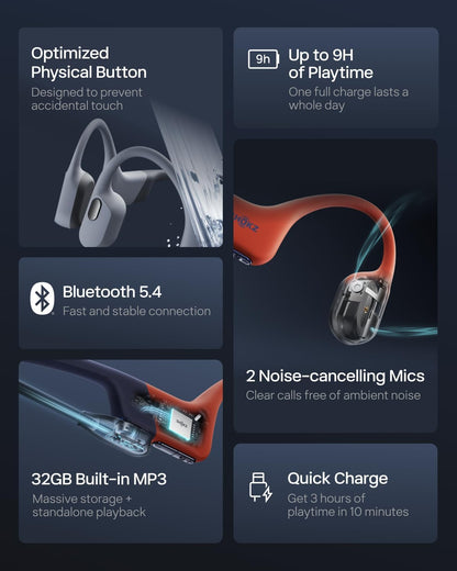 SHOKZ OpenSwim Pro - Open-Ear Bluetooth Headphones & 32GB MP3 Player, IP68 Waterproof, Bone Conduction Headphones, Secure Fit for Workouts, Running and Swimming, Built-in Microphone, Grey (Renewed)