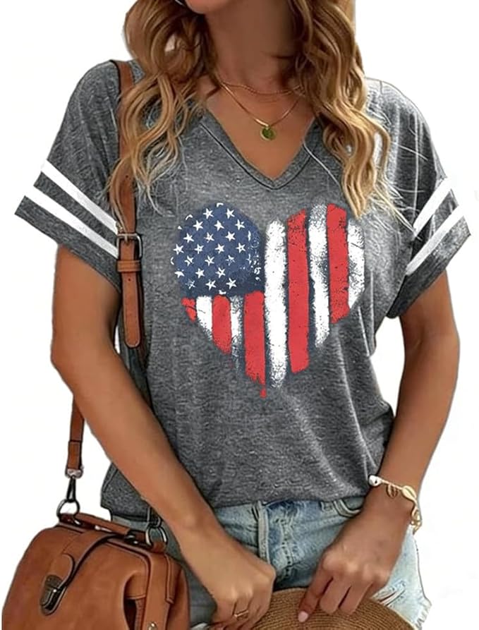 American Flag Shirt for Women — Patriotic V-Neck Tee | 4th of July Short Sleeve Top