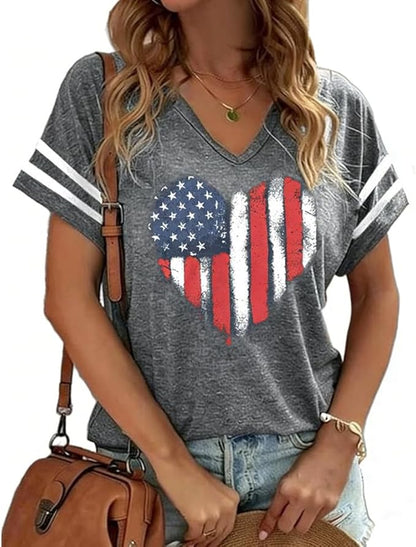 American Flag Shirt for Women — Patriotic V-Neck Tee | 4th of July Short Sleeve Top