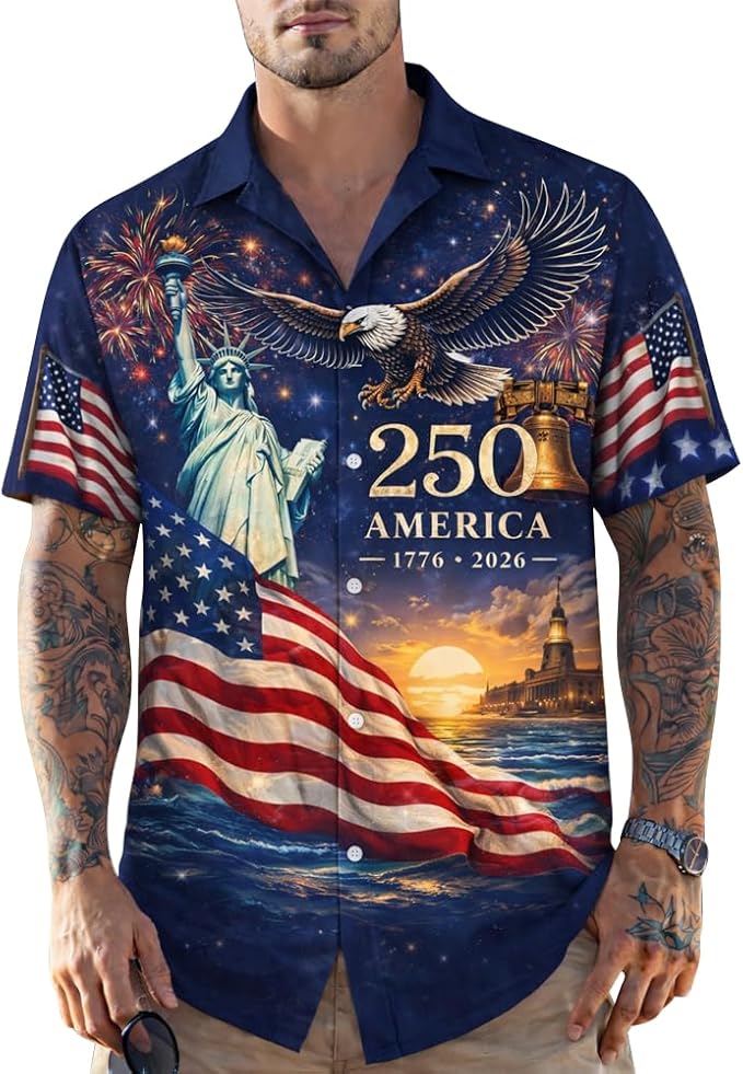Men's 250th Anniversary patriotic art print Hawaiian shirt 1776-2026 Independence Day button down