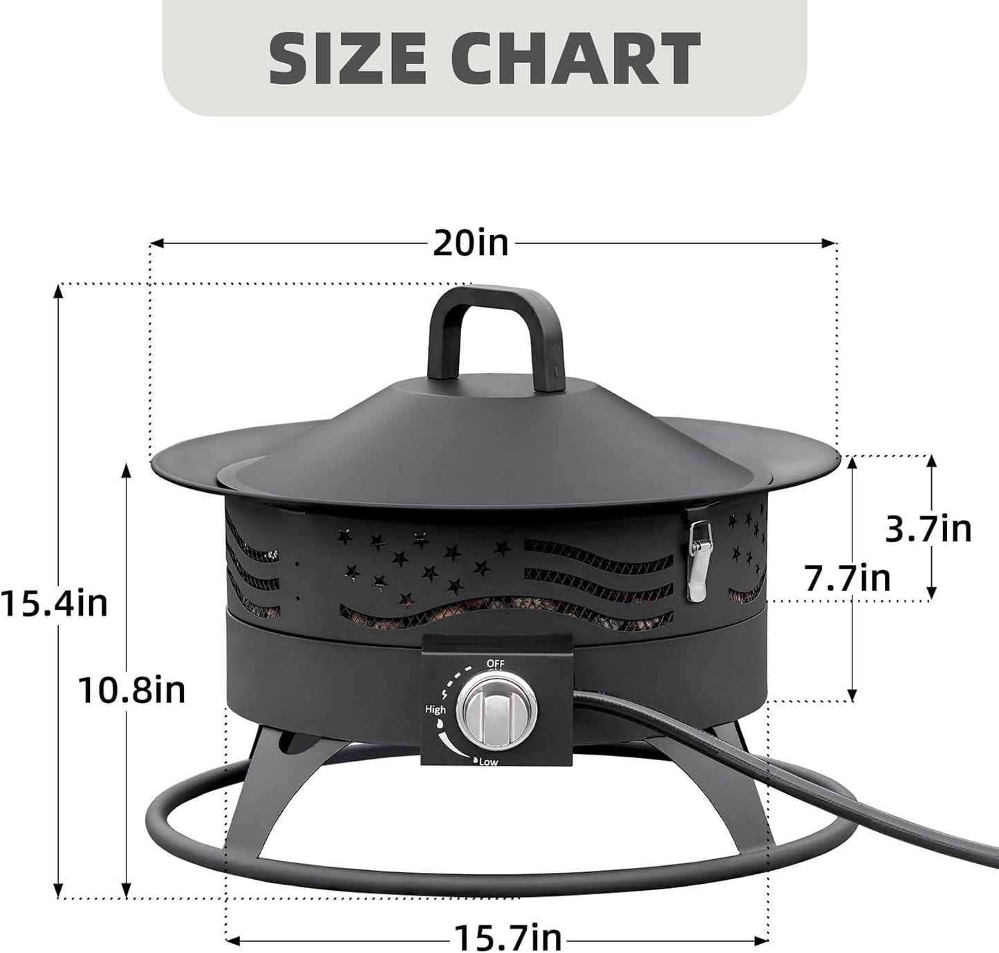  Black 20-inch round portable propane fire pit with grill grate and lava rocks glowing on a backyard patio at night