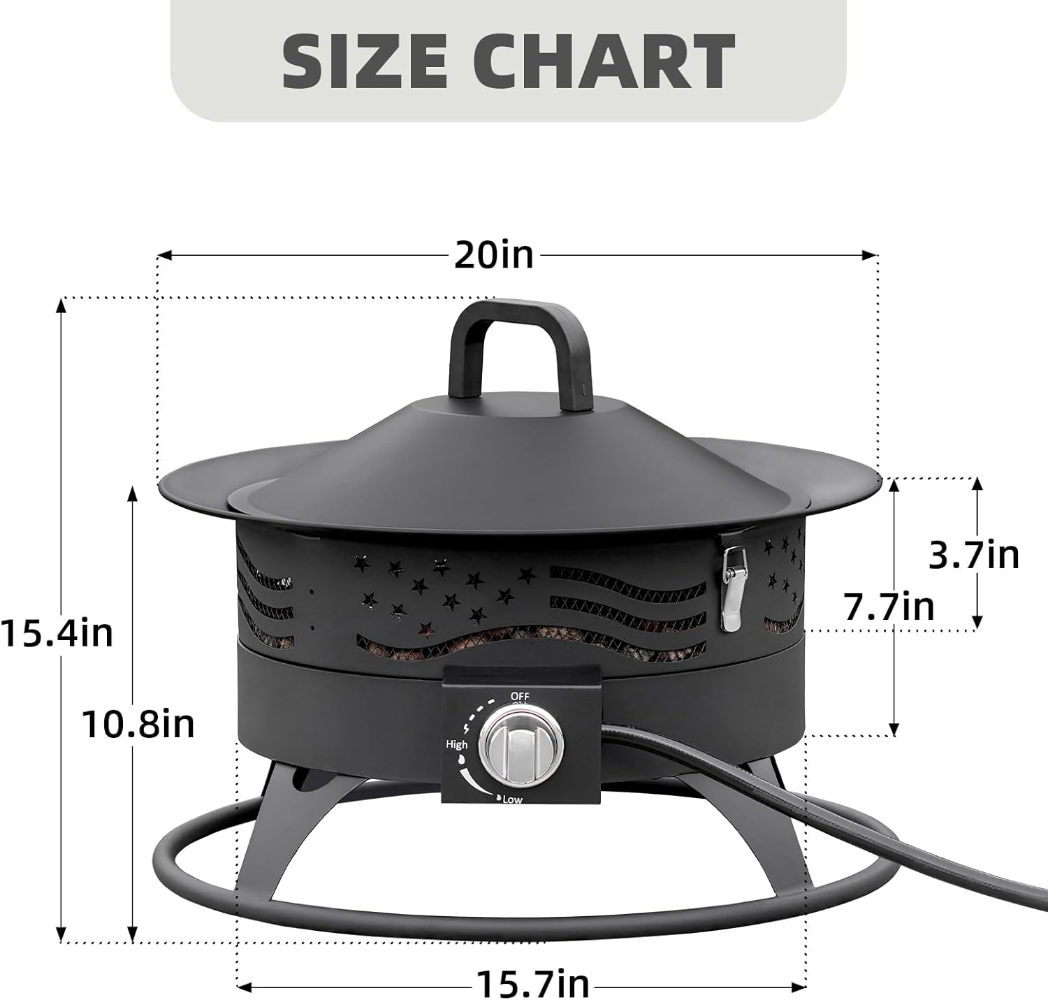  Black 20-inch round portable propane fire pit with grill grate and lava rocks glowing on a backyard patio at night