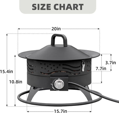  Black 20-inch round portable propane fire pit with grill grate and lava rocks glowing on a backyard patio at night
