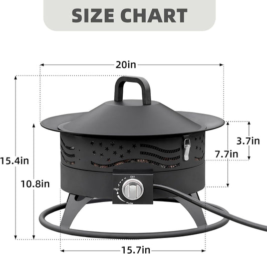  Black 20-inch round portable propane fire pit with grill grate and lava rocks glowing on a backyard patio at night