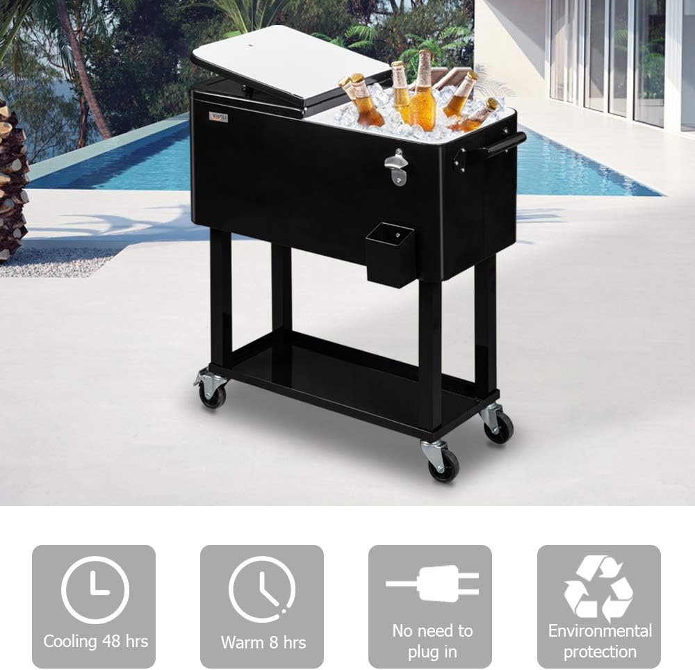 VINGLI 80-quart rolling ice chest cooler cart in red with bottle opener and shelf set up outdoors at a backyard party