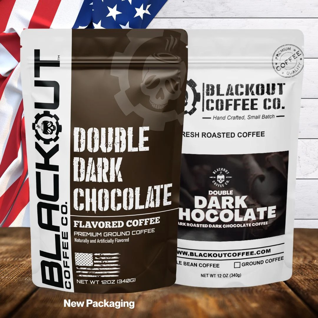 Blackout Coffee Double Dark Chocolate flavored coffee bag with deep cocoa and dark roast notes
