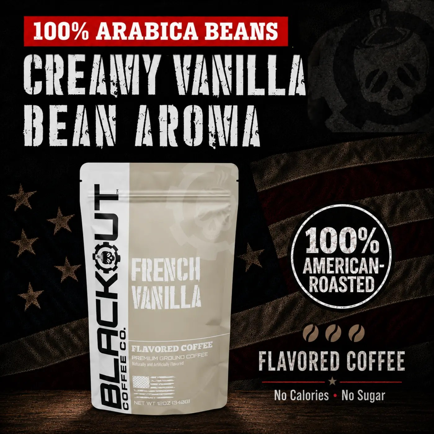 French Vanilla flavored coffee bag with rich vanilla bean aroma and creamy sweet finish
