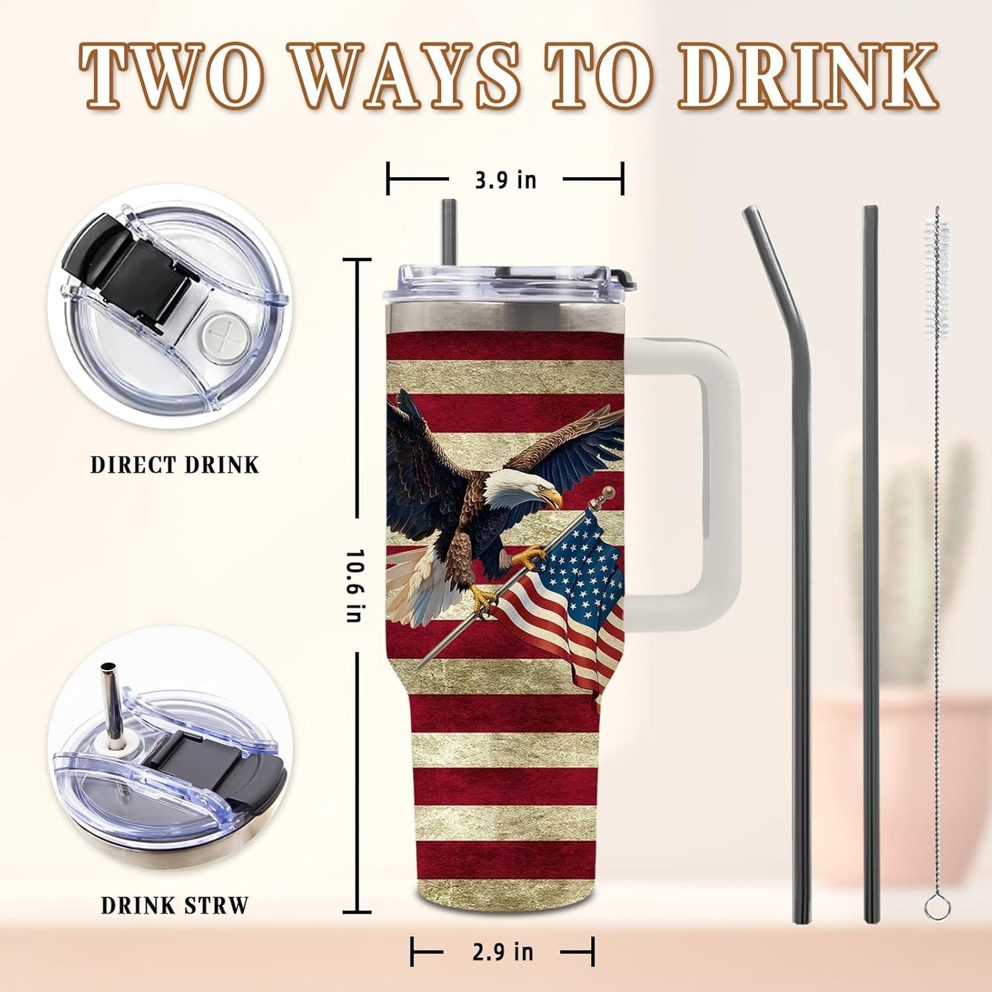 DUUV 40oz eagle American flag insulated tumbler in vintage patriotic design on a rustic outdoor background