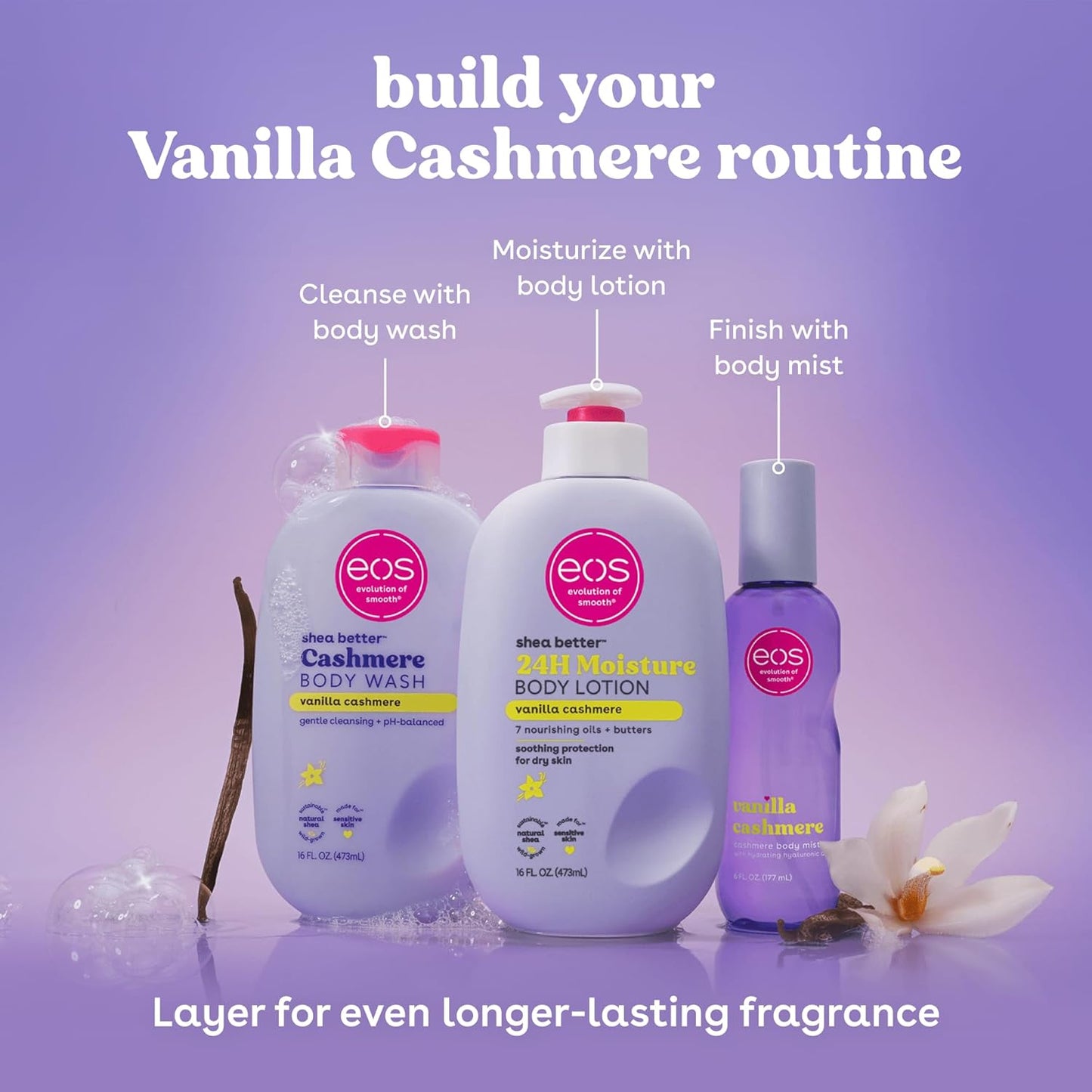 eos Shea Better Body Lotion – Vanilla Cashmere 24-Hour Moisture for Women | Natural Shea | 16 fl oz
