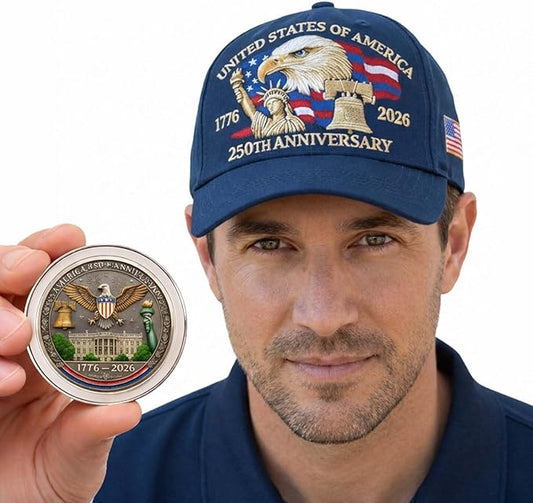250th Anniversary patriotic embroidered hat with commemorative coin bundle 1776-2026