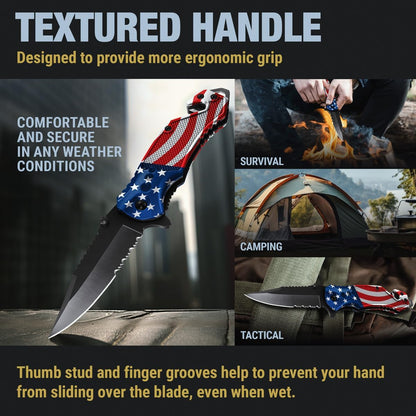 GOOD WORKER legal EDC folding pocket knife with serrated blade glass breaker and seat belt cutter with pocket clip