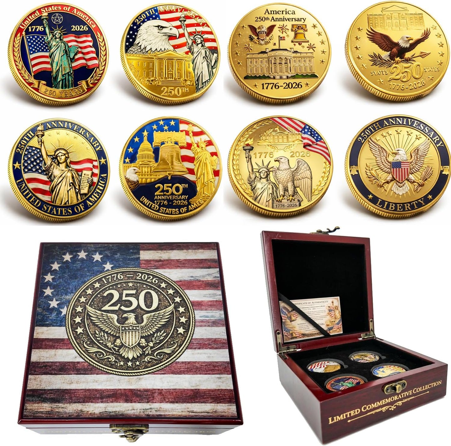 250th Anniversary USA 4-piece patriotic challenge coin set in wooden gift box