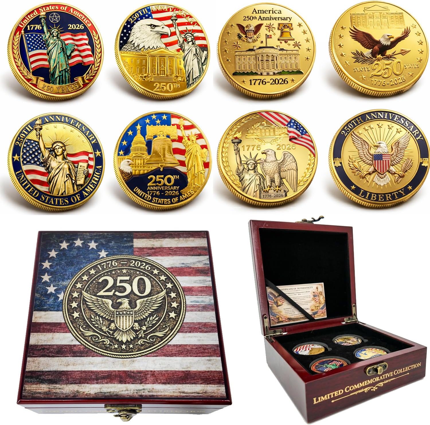 250th Anniversary USA 4-piece patriotic challenge coin set in wooden gift box