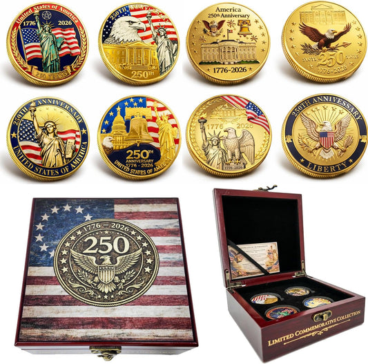 250th Anniversary USA 4-piece patriotic challenge coin set in wooden gift box