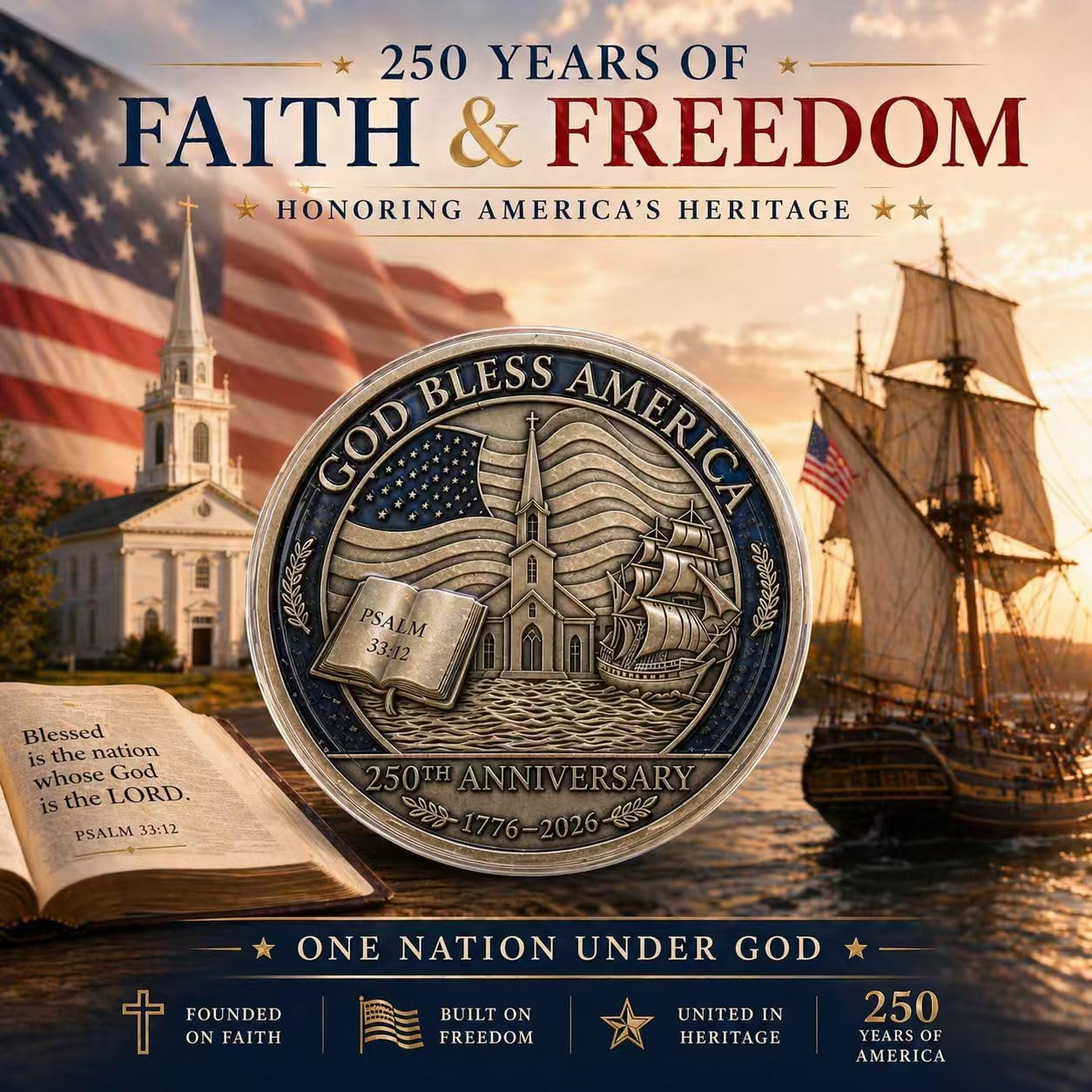USA 250th Anniversary Christian faith commemorative coin with God Bless America engraving
