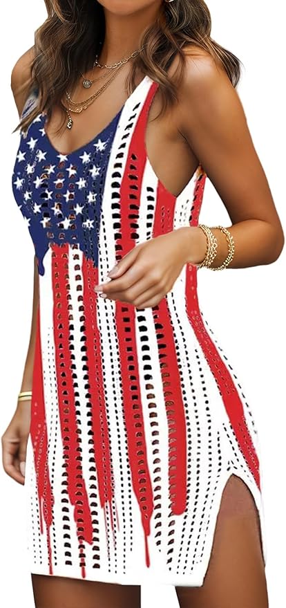 Women's crochet hollow out beach tank dress swimsuit coverup stylish slit bikini cover up for summer