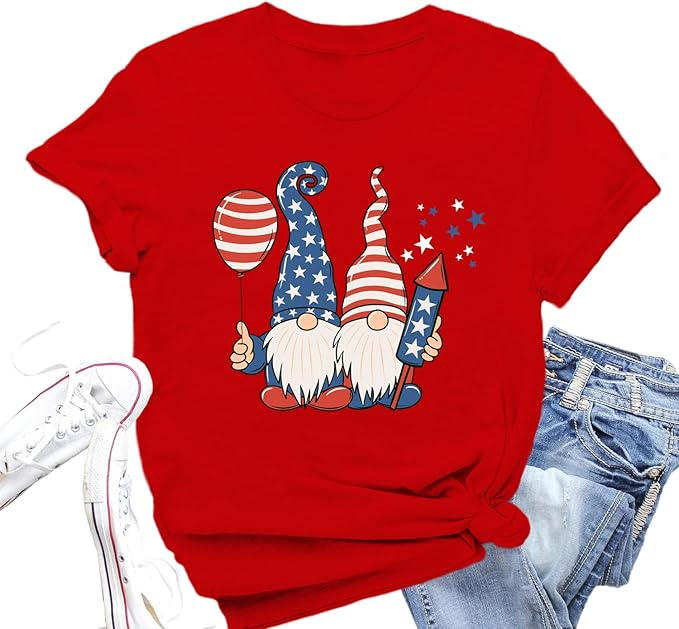 4th of July Shirts Women American Flag Gnomes T-Shirt | Patriotic Stars and Stripes Tee Tops