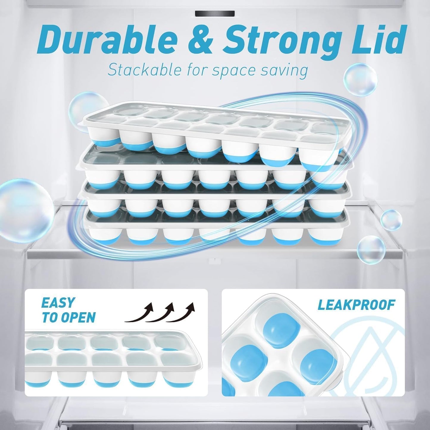 ChefAide Ice Cube Tray with Lid, 4 Packs 56 Cubes Durable Stackable Ice Cube Trays for Freezer with Removable Lids, Easy-Release Plastic & Silicone Ice Tray for Cocktail, Coffee