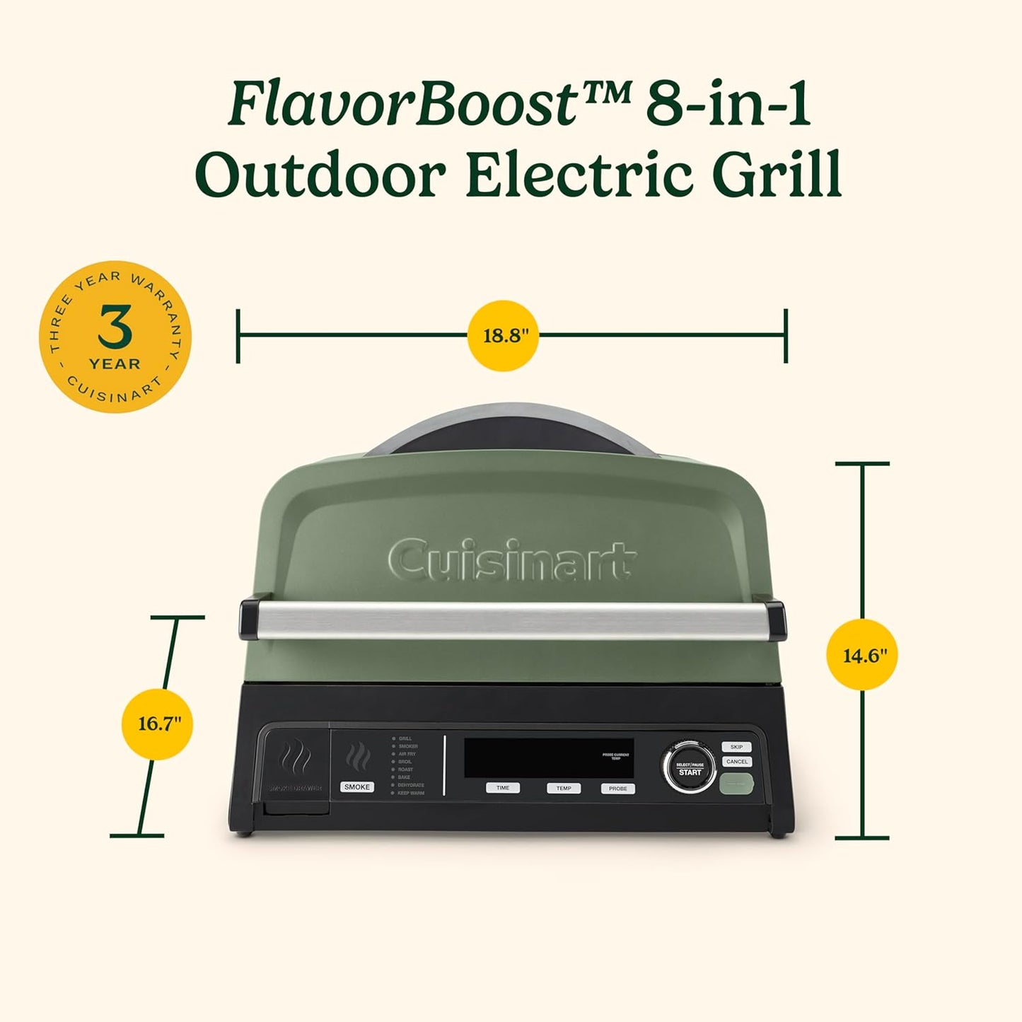 Cuisinart FlavorBoost 8-in-1 electric BBQ grill and portable smoker with air fryer combo, smart probe, and smoke drawer — compact patio and apartment grill CEG-1302