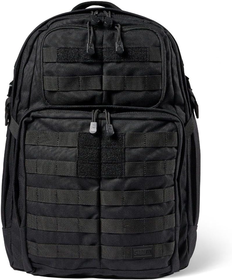 5.11 Tactical RUSH 24 2.0 37L military backpack in black with MOLLE webbing, padded shoulder straps and multiple compartments, ideal for veterans and law enforcement.