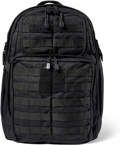 5.11 Tactical RUSH 24 2.0 37L military backpack in black with MOLLE webbing, padded shoulder straps and multiple compartments, ideal for veterans and law enforcement.