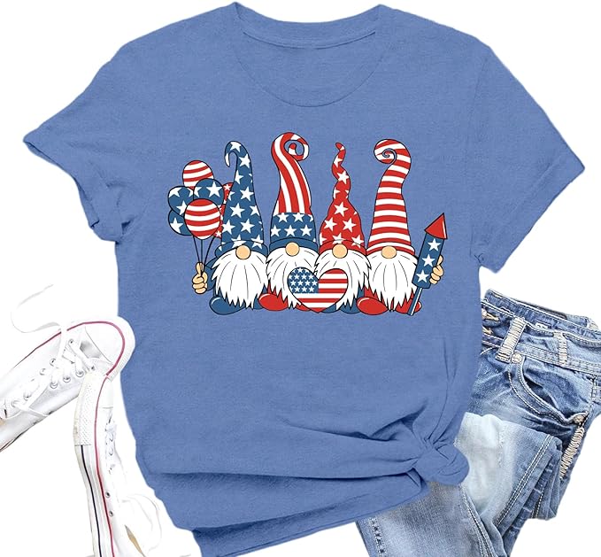 4th of July Shirts Women American Flag Gnomes T-Shirt | Patriotic Stars and Stripes Tee Tops