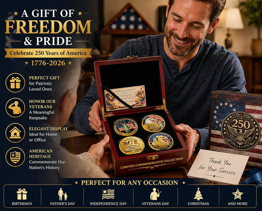 250th Anniversary USA Coin Set (1776–2026) — 4-Piece Patriotic Challenge Coins with Wooden Box & Card | America 250th Commemorative Keepsake Gift