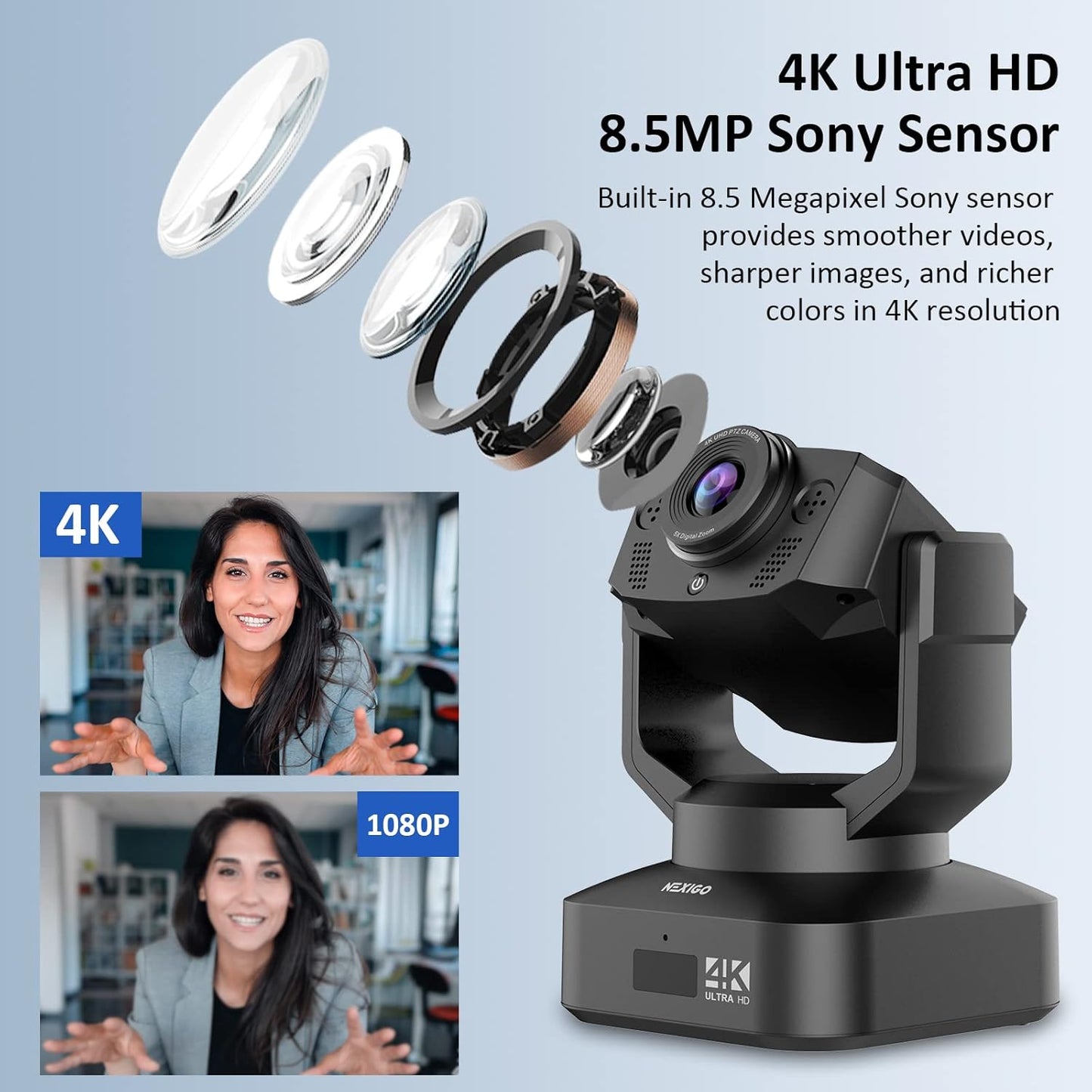 NexiGo N990 4K PTZ Zoomable Webcam, Video Conference Camera System with 5X Digital Zoom, Sony Starvis Sensor, Position Preset, Dual Stereo Mics, Audio Jacks for External Mics (Renewed)
