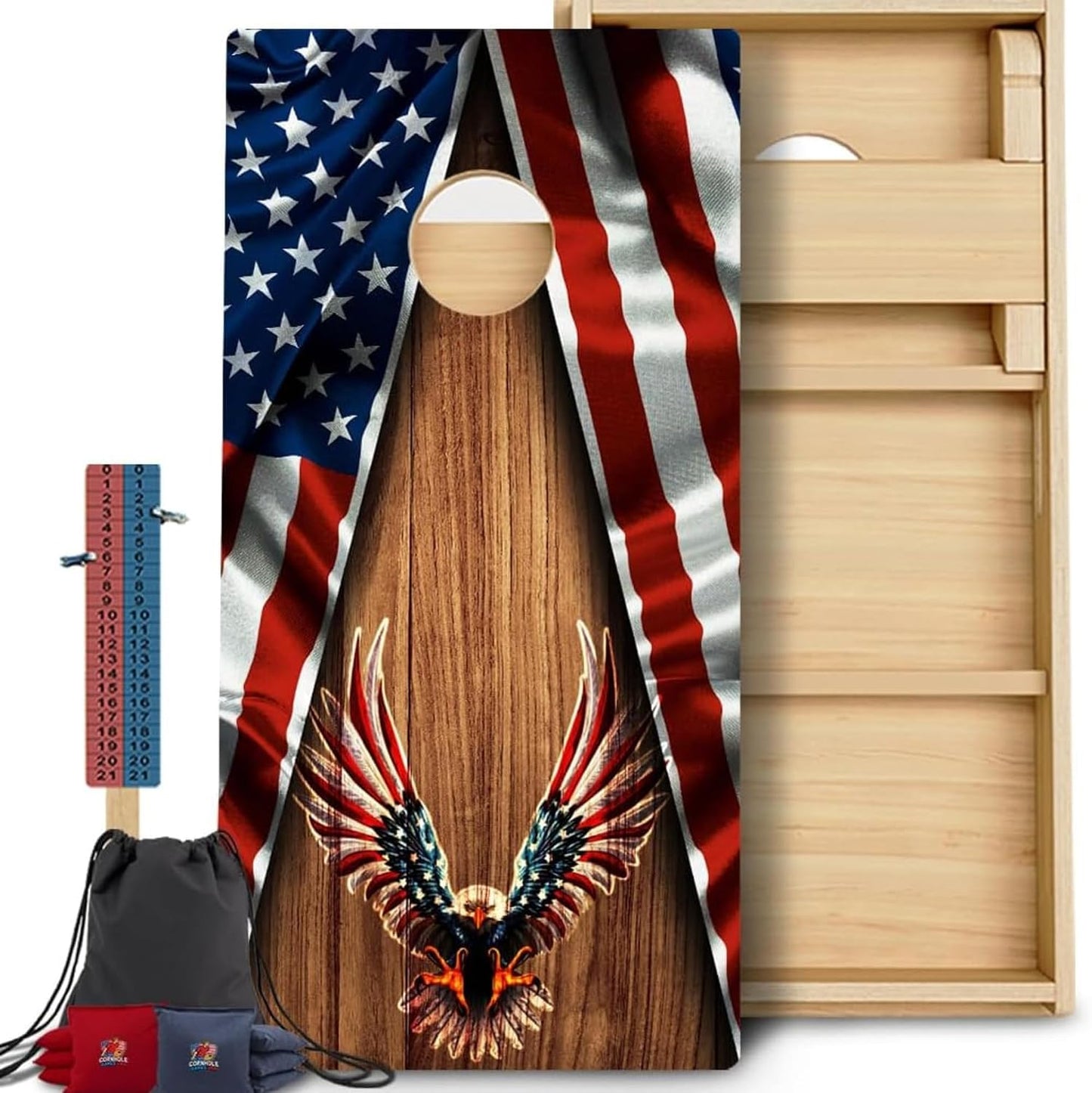 CornholeGamesUSA handmade regulation cornhole boards with eagle wood patriotic design, score tower and bean bags displayed outdoors