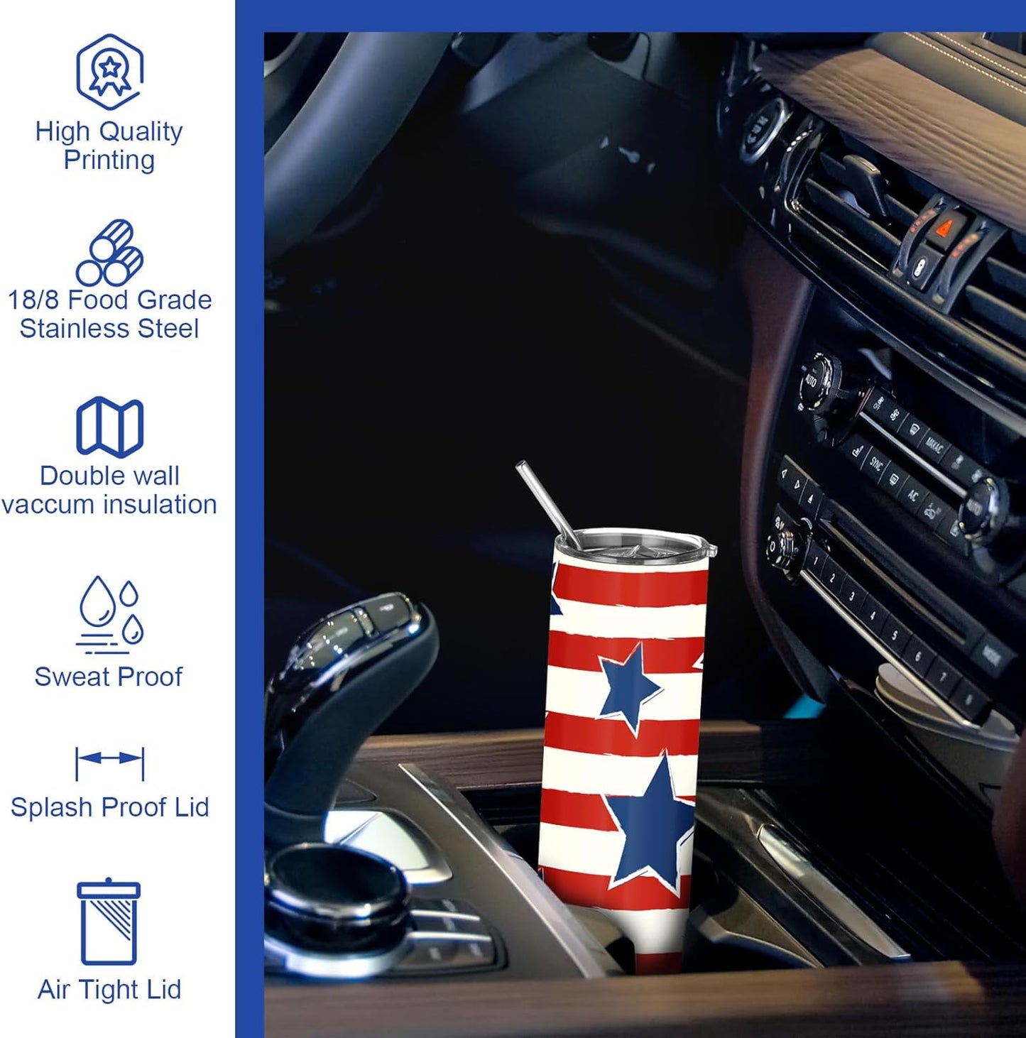 4 pack of 20oz American flag stainless steel insulated tumblers with lid straw and brush displayed as patriotic gifts for veterans and Father's Day