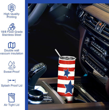 4 pack of 20oz American flag stainless steel insulated tumblers with lid straw and brush displayed as patriotic gifts for veterans and Father's Day