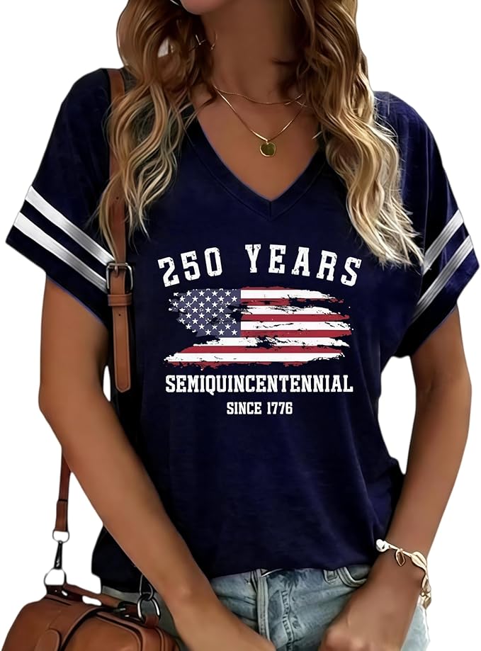 American Flag Shirt for Women — Patriotic V-Neck Tee | 4th of July Short Sleeve Top