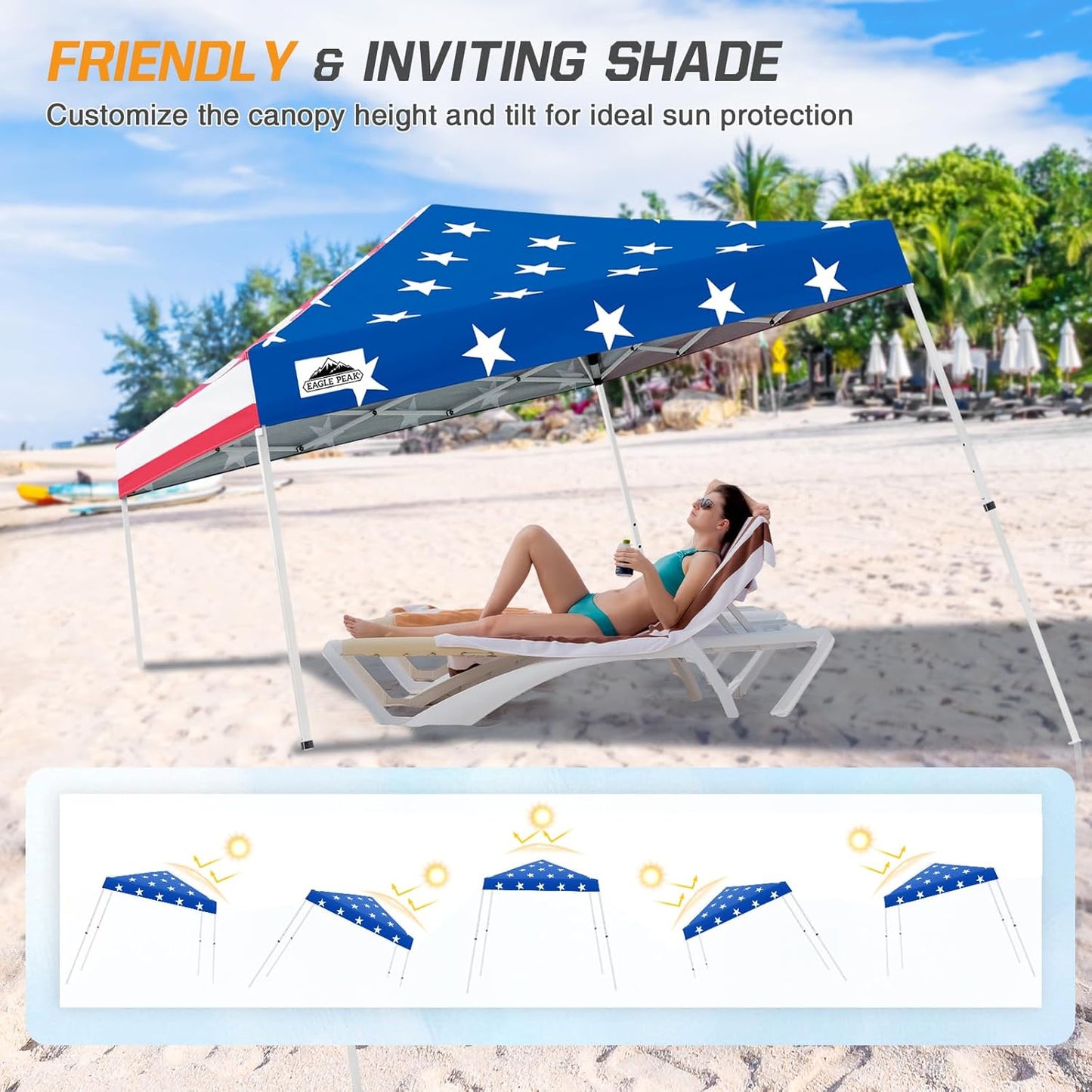 Eagle Peak 10x10 American Flag slant leg pop-up canopy tent set up outdoors with bold patriotic red white and blue design