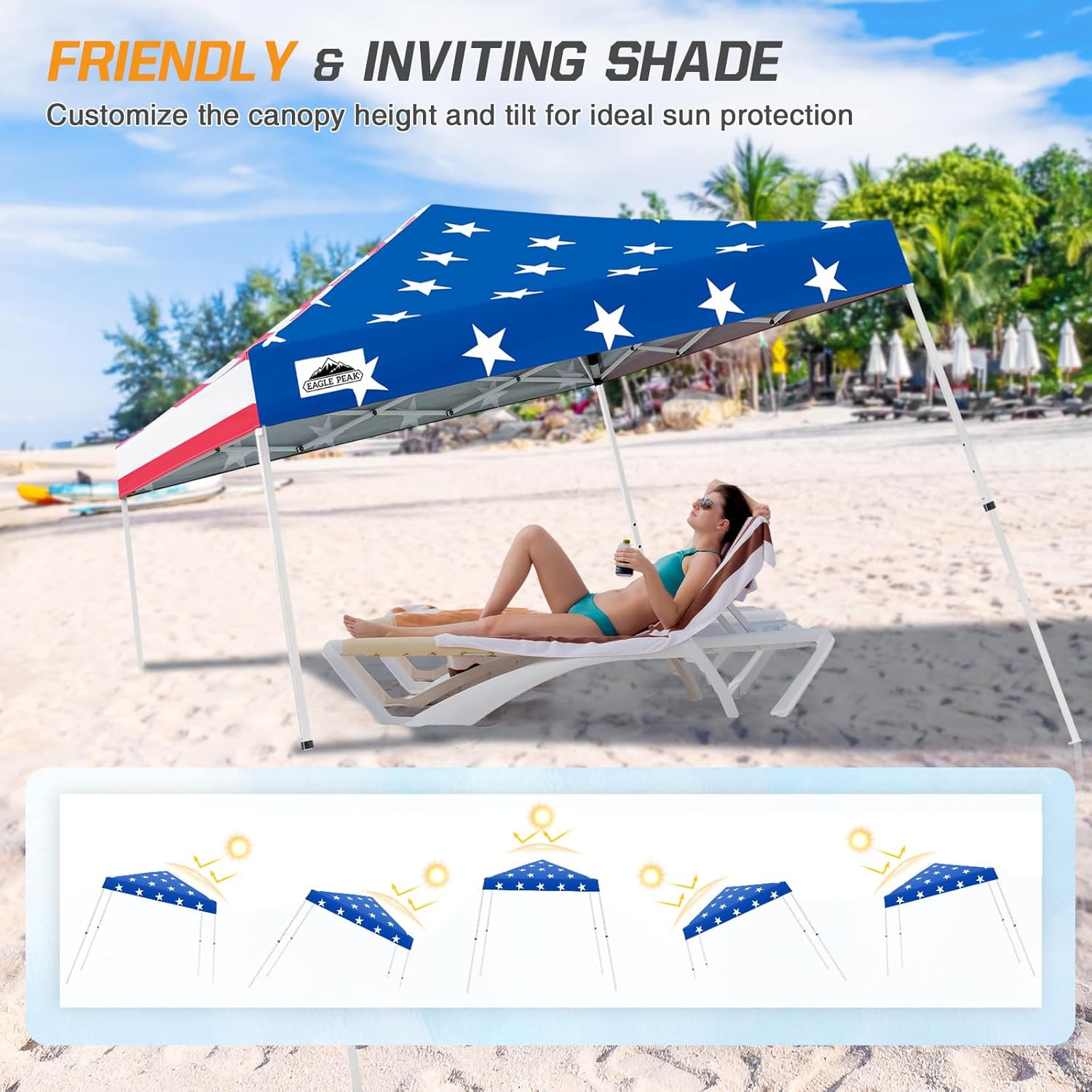 Eagle Peak 10x10 American Flag slant leg pop-up canopy tent set up outdoors with bold patriotic red white and blue design