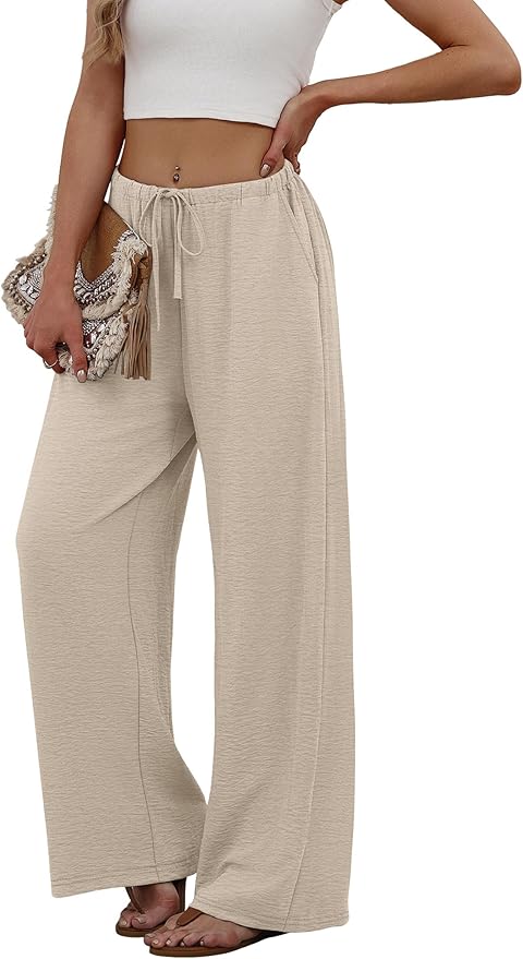 Sampeel women's wide leg palazzo pants with pockets flowy drawstring elastic waist summer trousers