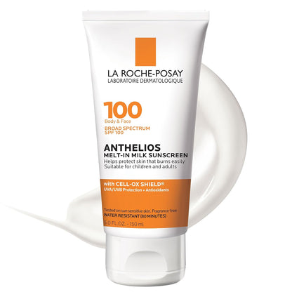 La Roche-Posay Anthelios Melt-In Milk Sunscreen SPF 100 — oxybenzone-free broad-spectrum UVA/UVB sunscreen for face and body, water-resistant 80 minutes, available at VeteransValueHub.
