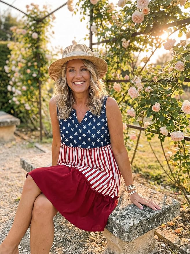 American Flag Star Vertical Striped Ruffled Mini Dress