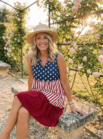 American Flag Star Vertical Striped Ruffled Mini Dress