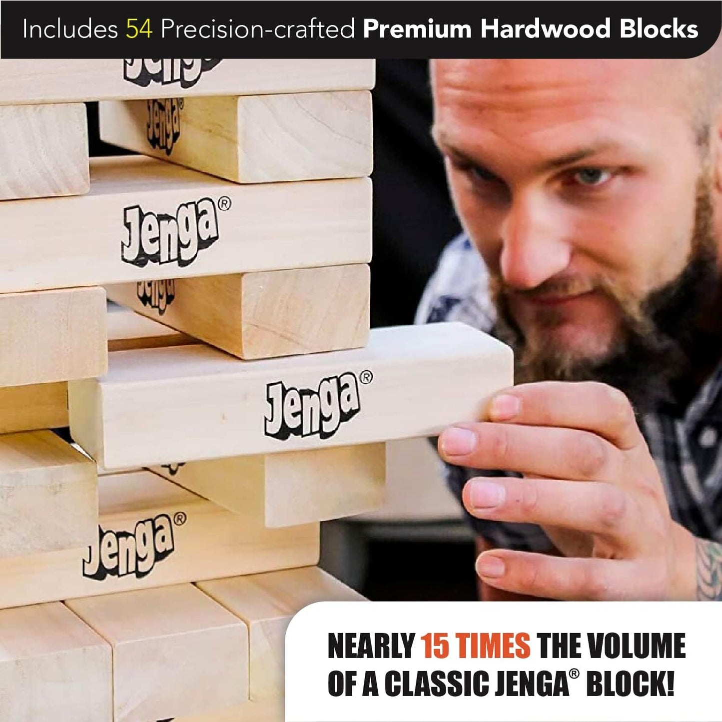 Jenga GIANT hardwood stacking game tower over 5 feet tall with 54 wood blocks set up outdoors at a backyard party