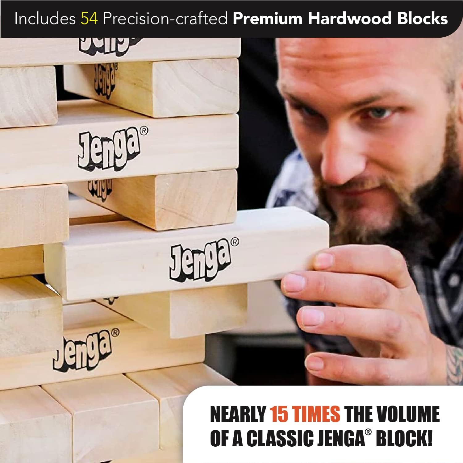 Jenga GIANT hardwood stacking game tower over 5 feet tall with 54 wood blocks set up outdoors at a backyard party