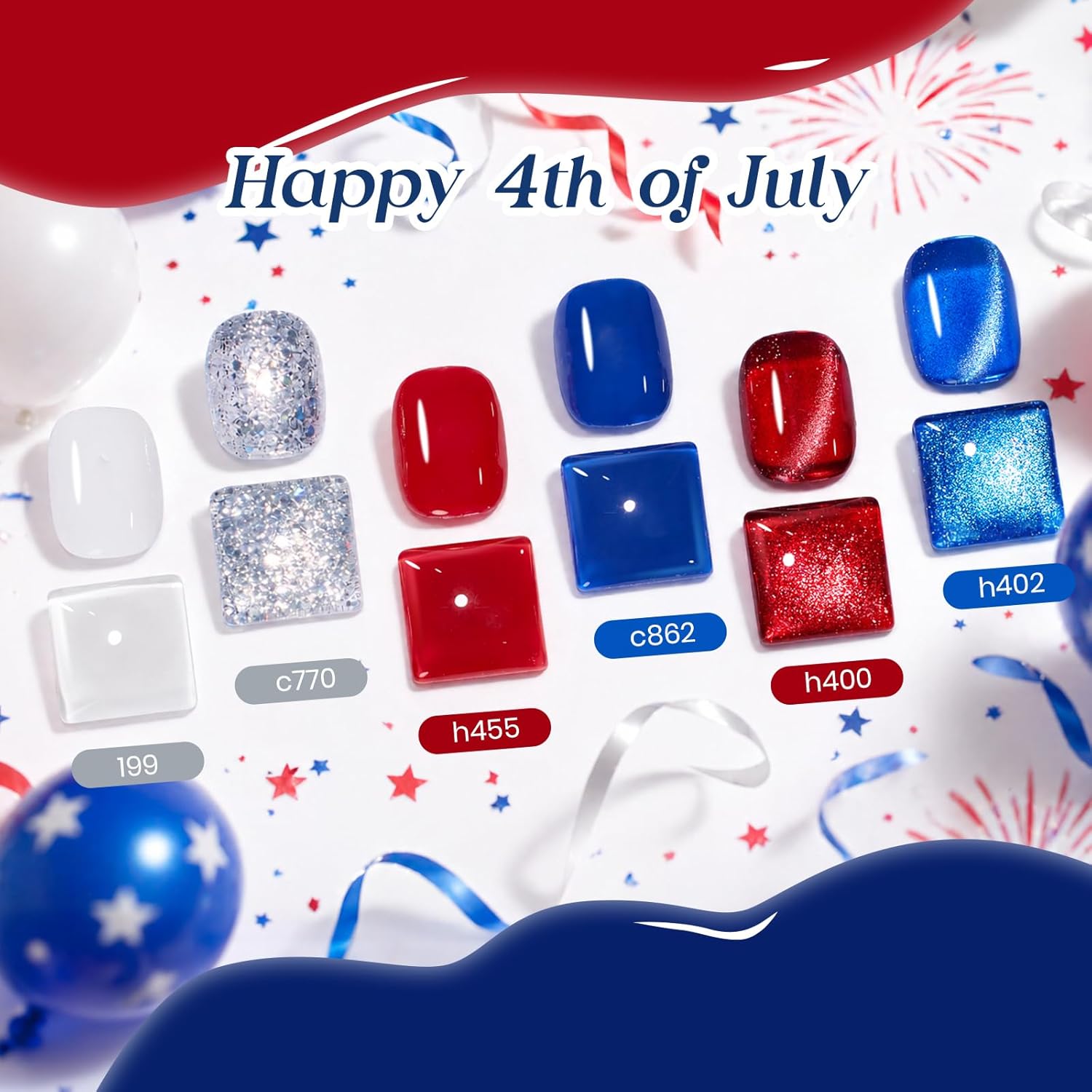 Beetles 4th of July gel nail polish set with 6 red white and blue cat eye and glitter shades displayed with magnet and nail stickers as a patriotic DIY nail art gift for women