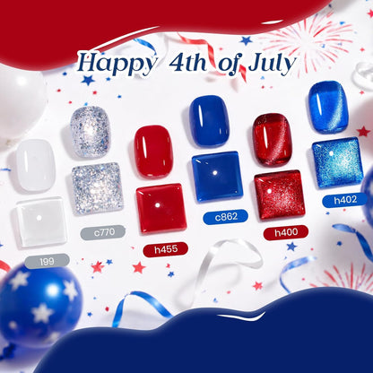 Beetles 4th of July gel nail polish set with 6 red white and blue cat eye and glitter shades displayed with magnet and nail stickers as a patriotic DIY nail art gift for women