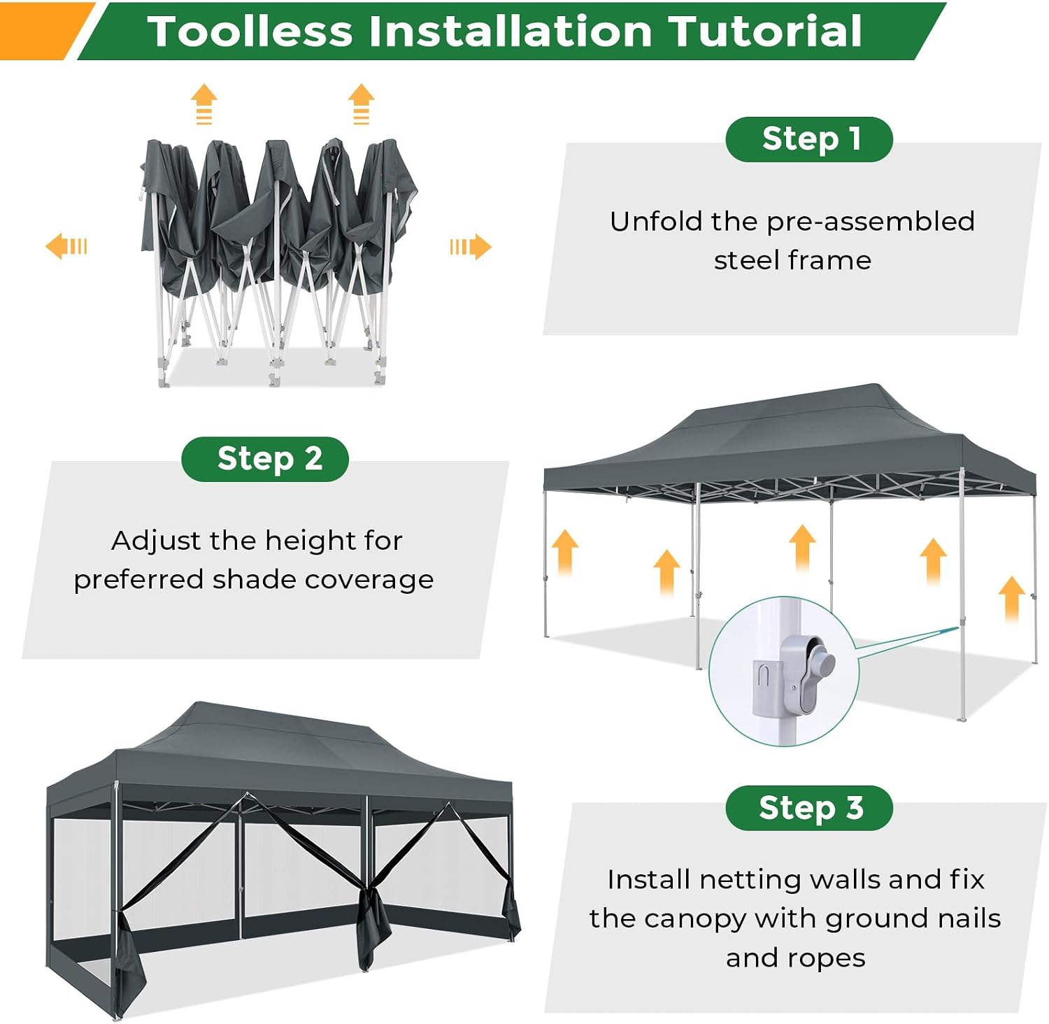 COBIZI 10x20 heavy duty gray pop up canopy tent with 6 mosquito netting sidewalls set up in backyard for outdoor party