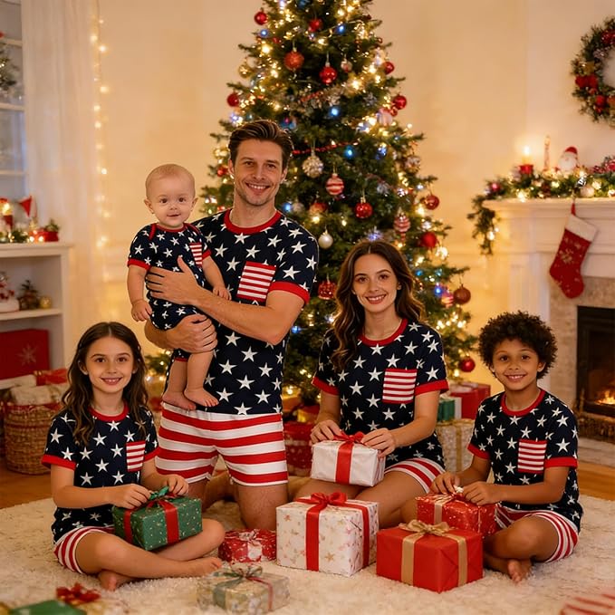 Family matching 4th of July patriotic stars and stripes pajama set for adults and kids