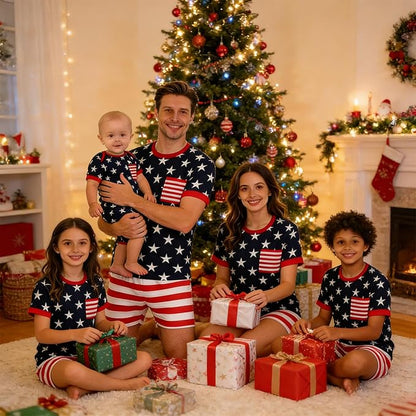Family matching 4th of July patriotic stars and stripes pajama set for adults and kids